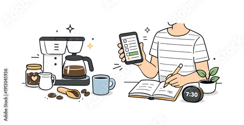 Morning routine setup. Person preparing coffee and checking a schedule on a phone or notebook, relaxed and organized atmosphere. Editorial