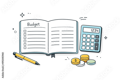   Personal budget objects. Notebook with budget lines, calculator, pen, and coins arranged calmly. Organization, control, and financial clarity