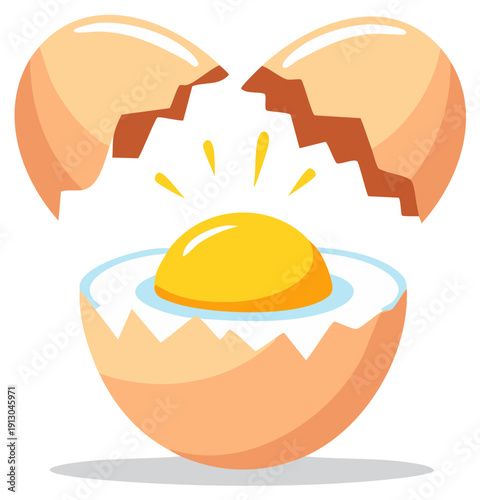 Fresh Raw Chicken Egg Partially Cracked Open with Bright Yellow Yolk and Shiny Fragments Illustration