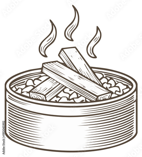 Incense burner with palo santo wood sticks and aroma smoke hand drawn sketch