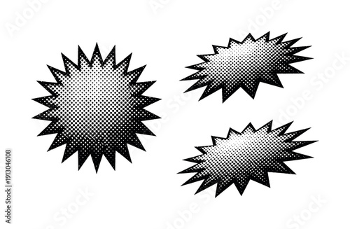    Starburst dot badge. A starburst dot badge is depicted in three views: direct front view, angled side view, and three-quarter view,