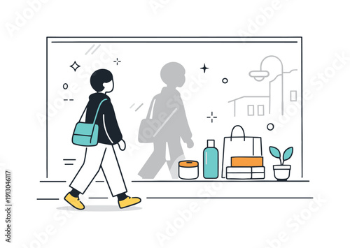   Reflections in shop windows. A person walks past a storefront, their reflection softly visible in the glass alongside simple shapes of