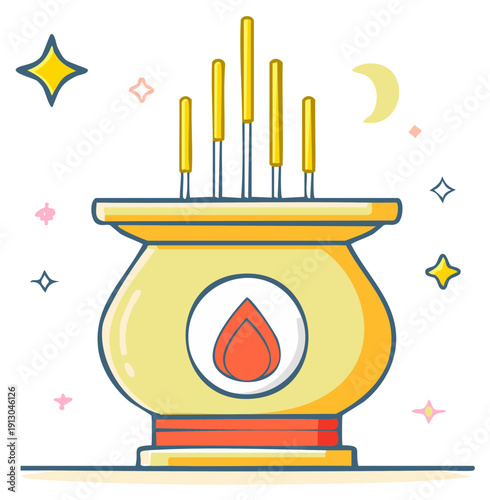 Spiritual Incense Burner with Five Lit Incense Sticks and Decorative Stars