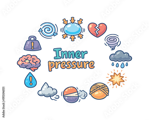   Inner pressure. Hand drawn illustration of Inner pressure. swelling bubble, inward arrows,