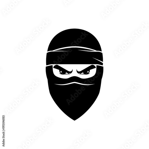 Iconic silhouette of a fierce ninja warrior with piercing eyes and a masked face, symbolizing stealth and combat prowess