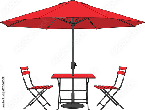 Red outdoor patio furniture vector set featuring a large garden umbrella with a square table and two folding chairs.