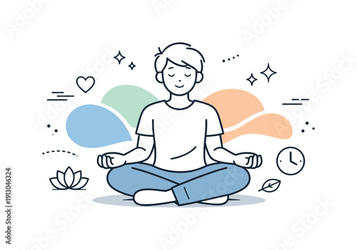 Hopeful recovery journey. A person sitting calmly with hands relaxed, surrounded by soft abstract shapes symbolizing balance and clarity. The