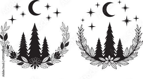 Black silhouette of pine trees framed by a floral and celestial wreath with crescent moon and stars