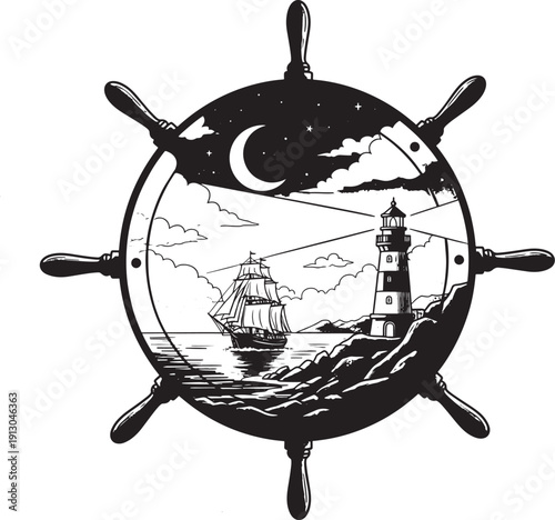 Nautical illustration within a ship's wheel, featuring a sailboat, lighthouse, and starry night sky