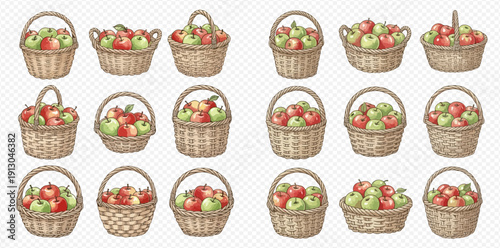Collection of various wicker baskets filled with fresh red and green apples, perfect for harvest and autumn themes.