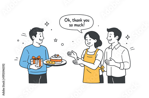 Bringing a gift to dinner. Guest holding a small present and dessert tray, relaxed and cheerful interaction. Editorial depiction of good