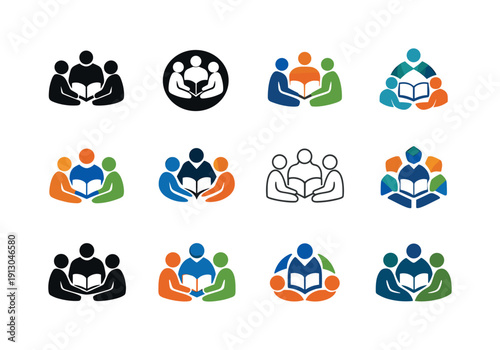 Peer Learning Logos. Peer learning. Icon set. Set Logo of Peer learning: collaborative learning group. harmonious logo variations of the same emblematic