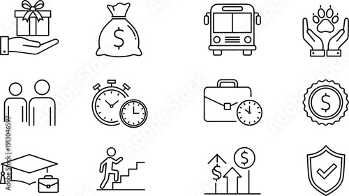 Business benefits and financial growth line icon set featuring gift box, money bag, school bus, career path, graduation cap, and time management symbols.