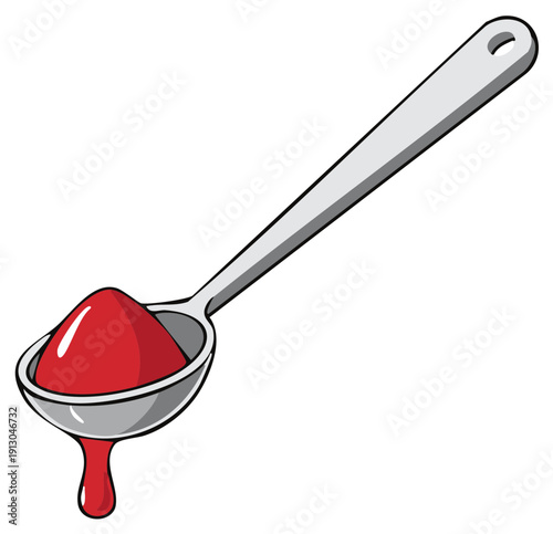Bright red viscous liquid dripping from a silver spoon a single drop falling