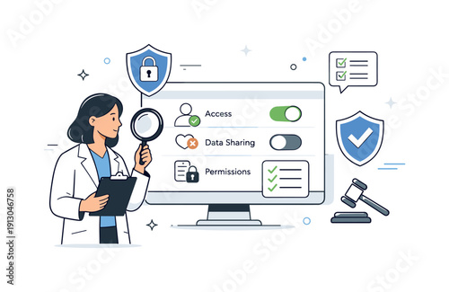 Digital health compliance. A specialist checking privacy settings and permissions on a healthcare system interface, showing responsibility