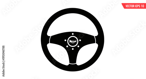 Black steering wheel with logo.