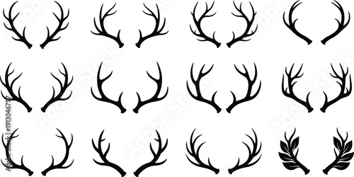 Vector illustration of antler silhouettes in grid arrangement, unique branching patterns and stylized decorative designs symbolizing wildlife and nature