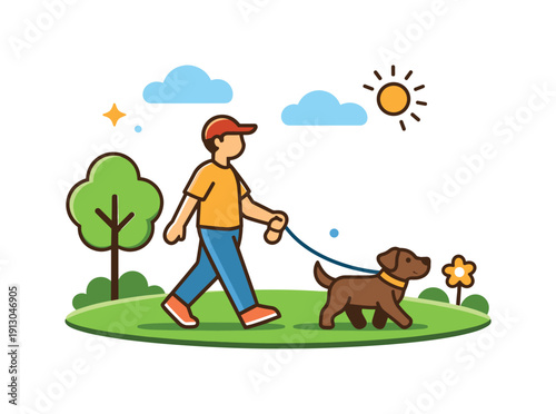 Taking a leisurely walk in the park on a sunny day represented by a person walking a dog along a green path with light clouds overhead. The
