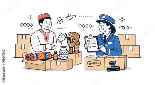 Customs Interaction Scene. Customs control of traditional goods. Friendly interaction between exporter and customs officer while inspecting cultural items,