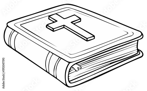 Outline of a closed holy book with a cross symbol on its cover representing faith and spirituality