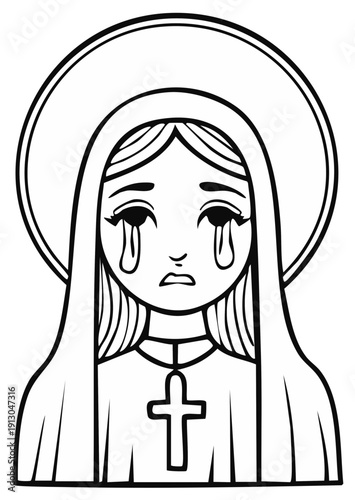 Religious figure with halo and cross on chest shedding tears, black and white illustration