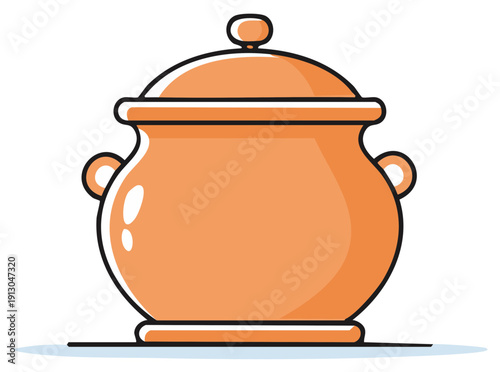 Orange clay cooking pot with handles and lid simple line art illustration