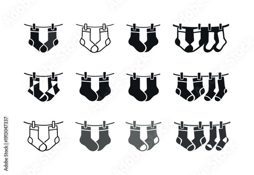    Socks. Icon set. Set Logo of socks: sock hanging on string. harmonious logo variations of the same emblematic concept, each with different