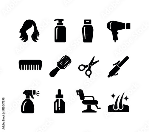 Hair beauty. Solid icon set of Hair beauty: hair silhouette, shampoo bottle, conditioner bottle, hair dryer, comb, hair brush, scissors,