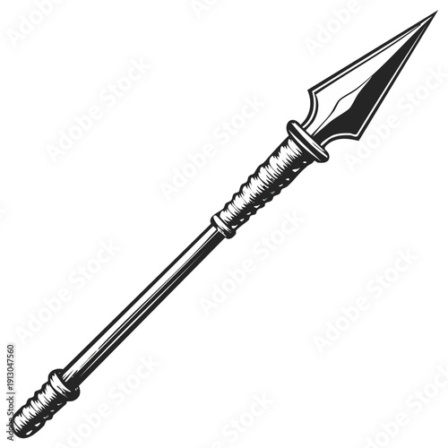 Detailed illustration of a vintage spear weapon in black and white style.