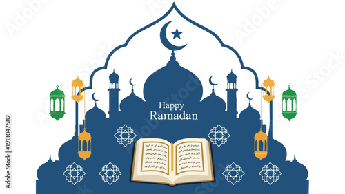 Graphic illustration of a Ramadan greeting with mosque silhouette, open book, and lanterns on white background.