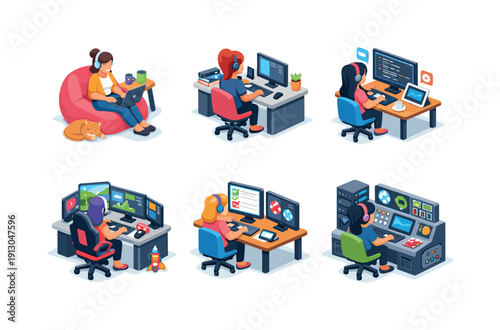    Digital professions. Isometric flat vector icons set of digital professions: woman remote tech worker, woman IT consultant desk, woman app