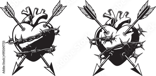 Black and white illustration of a heart pierced by arrows and wrapped in barbed wire.