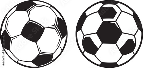 Two black and white soccer balls, classic pentagon and hexagon pattern, for sports themes.