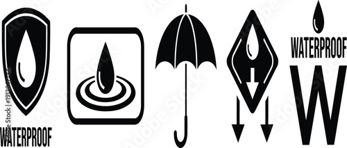 Waterproof and water resistant black icon set featuring umbrella, rain drop shield, liquid repellent symbols, and fabric protection signage for product packaging.