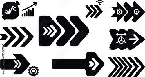 Collection of various black directional arrows and symbols icons