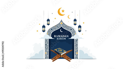 Digital illustration of a Ramadan Kareem greeting with crescent moon, lanterns, and crossed swords on a white background with blue accents.
