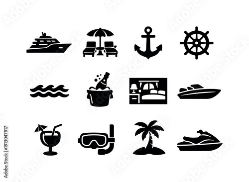   Luxury yacht vacations. Filled icon set of Luxury yacht vacations: luxury yacht, sun deck,