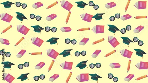 Random graduation caps, glasses, books, pencils, and erasers ideal for educational, graduation, school, university, and academicthemed designs.