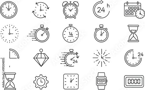 Time and clock line icon set featuring stopwatch, alarm, calendar, hourglass, 24 hours, wrist watch, and countdown timer for business and interface design.