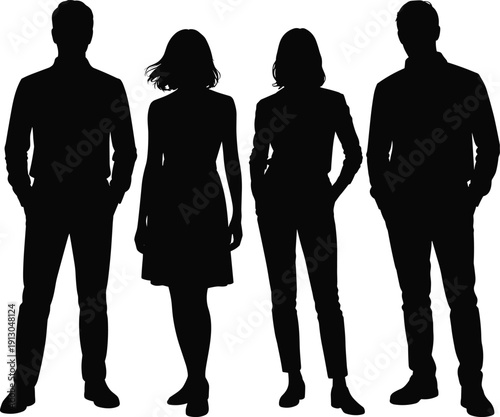 Silhouettes of diverse people standing, men and women, fashion outlines, posture illustration, anonymity concept, artistic design, clothing shapes, modern art