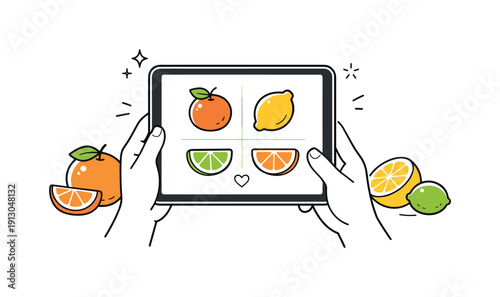 Citrus fruits minimal. A person holding a tablet with simple citrus icons on screen, symbolizing healthy lifestyle and fresh food choices.