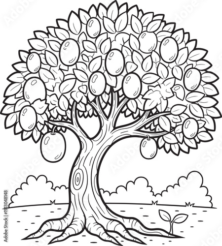 Detailed black and white illustration of a fruit tree with apples and leaves, standing in landscape.