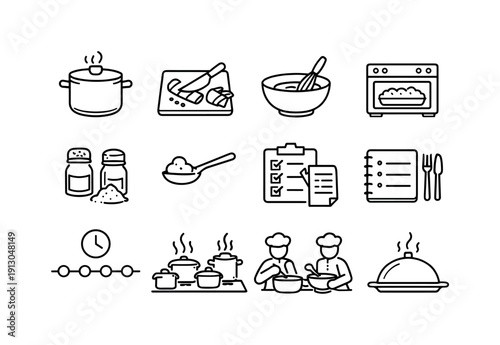 Feast Preparation. Line icon set of Feast Preparation: cooking pot, chopping ingredients, mixing bowl, baking oven, seasoning spices, food