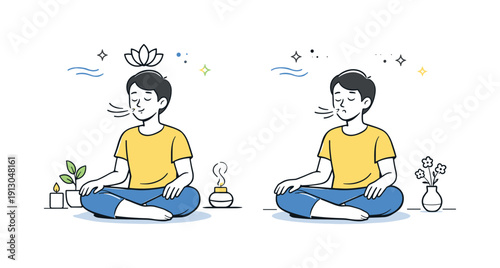 Mindful breathing practice. A person inhaling and exhaling slowly, hands resting on knees, fully focused on the present moment. Relaxed