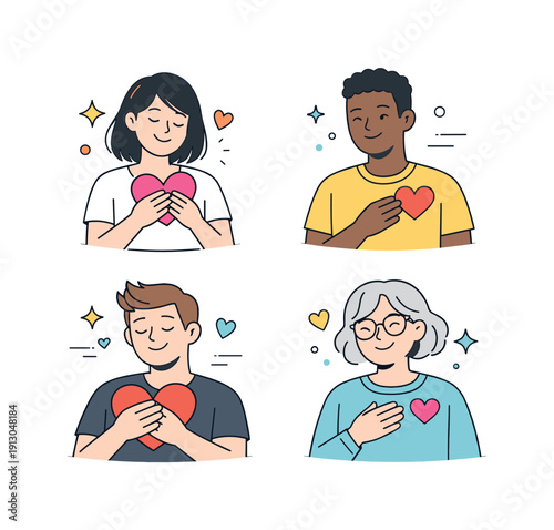 Expressions of affection. Portraits of diverse people gently touching heart icons or wearing heart badges, symbolizing self-love and mutual