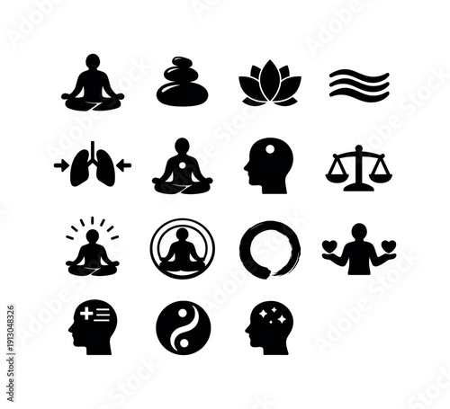    Mindfulness and balance. Solid icon set of Mindfulness and balance: meditation pose, balanced stones, lotus flower, calm waves, breathing