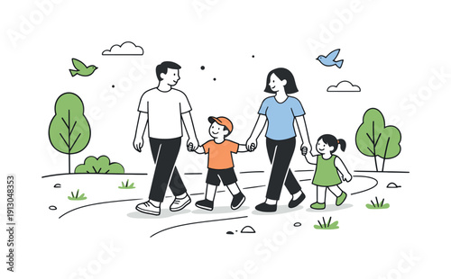   Outdoor family leisure illustration walk. A family walking together along a simple path with trees and birds around, enjoying fresh air. The