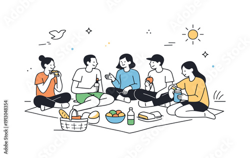 First picnics improvised. Simplified figures gathered loosely outdoors with minimal picnic elements. Unplanned leisure, soft optimism, modern