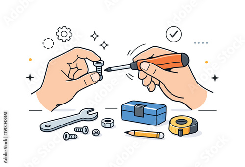   DIY tools in use. Minimal hands holding a screwdriver and bolt, with simple tools nearby. Active repair process, confidence, and practical