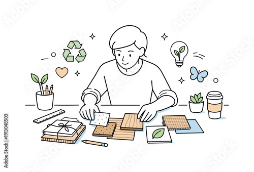 Inspirational design with ecology materials trend. A designer arranging recycled paper, wood samples, and natural textures on a clean